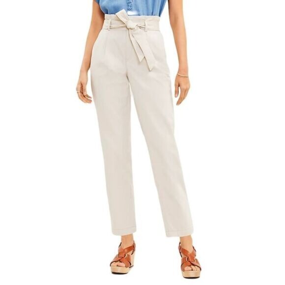 Loft Womens High-Waisted Khaki Tie-Waist Tapered‎ Pants Cotton Blend Size 0P - Picture 1 of 5